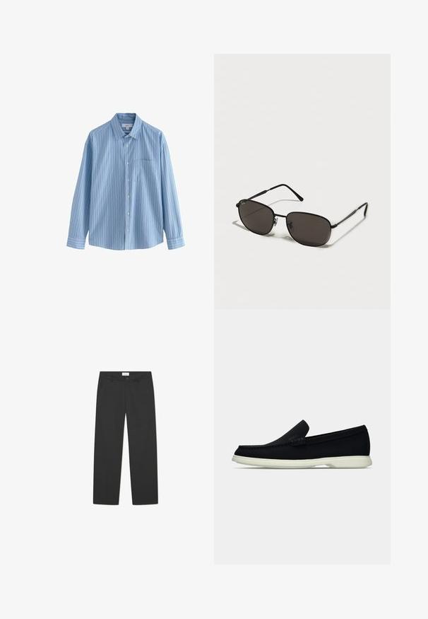 Hellblaues Langarmhemd mit vertikalen weißen und blauen Streifen, Knopfverschluss, klassischer Kragen und einer Brusttasche auf der linken Seite.; Schwarze Hose aus leichtem Stoff. Sie hat ein gerades Bein, eine flache Vorderseite, seitliche Taschen und einen dezenten Bund.; Schwarzer Slipper mit runder Zehenpartie, präsentiert sich mit einem strukturierten Obermaterial, glatter weißer Sohle und einem dezenten Branding-Detail an der Seite.; Schwarze Metal-Sonnenbrille mit ovalen Rahmen, dunklen Gläsern, schlanken Bügeln und einem dezenten Logo auf dem linken Glas. Elegantes, minimalistisches Design.