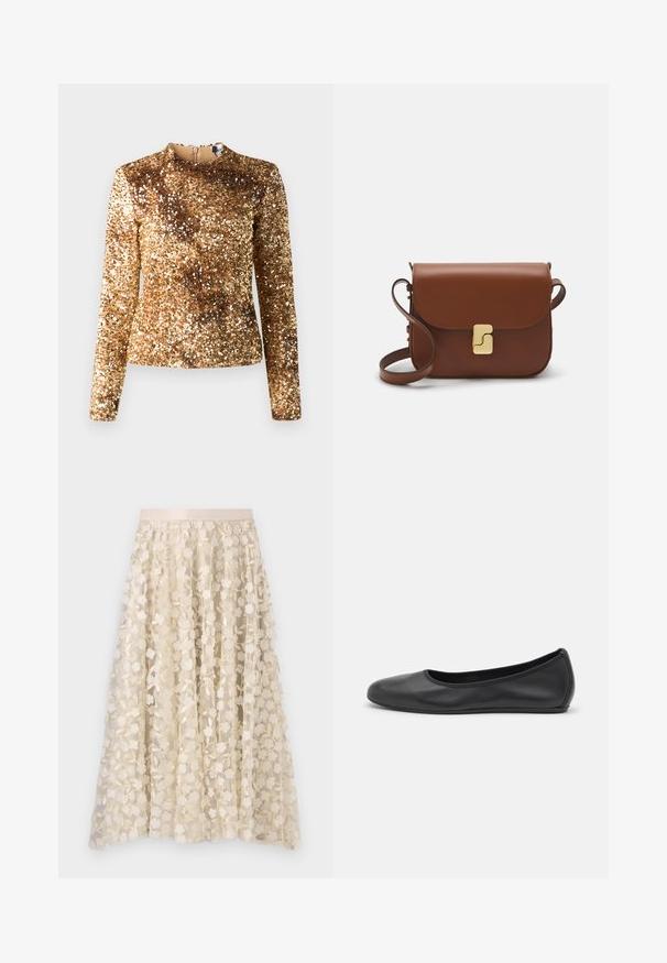 Top lungo con maniche a sbuffo in paillettes dorate, colletto alto e silhouette aderente. Texture liscia, motivo scintillante uniforme, zip nascosta sul retro.; T-shirt bianca a maniche corte realizzata in tessuto a costine. Collo rotondo, vestibilità regolare e dettagli di cucitura sottili. Senza motivi o grafiche.; Ricamo floreale su una gonna trasparente color crema con una vita in satin. Il design presenta piccoli e delicati fiori e foglie.; Pantofole da balletto nere in pelle con punta arrotondata, texture liscia, dettagli di cucitura minimi e design con suola flessibile.; Borsa a tracolla in pelle marrone con chiusura a pattina, hardware color oro, tracolla e una finitura liscia. Forma rettangolare compatta.