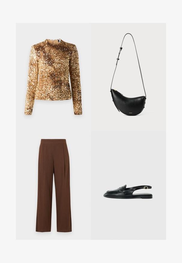 Goldfarbener Pailletten-Oberteil mit langen Ärmeln, hochgeschlossenem Kragen und figurbetonter Silhouette. Glatte Textur, einheitliches schimmerndes Muster, verdeckte Reißverschluss hinten.; Braune Hosen mit weitem Bein und glatter Textur, ausgestattet mit einer flachen Vorderseite und Falten. Der Bund ist elastisch für Komfort und Passform.; Schwarze Leder Slingback-Schuhe mit runder Spitze, flacher Sohle, seitlichem Ausschnitt und einem Riemen mit goldfarbener Hardware-Applikation.; Schwarze Lederhandtasche mit geschwungener Form und einem verstellbaren Riemen. Sie verfügt über einen Reißverschluss und minimalen goldenen Beschlägen.
