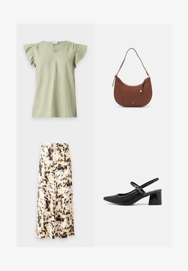 Top verde chiaro a maniche corte con scollatura a V, maniche arricciate e taglio ampio. Realizzato in tessuto morbido e leggero.; Una gonna al ginocchio in un tessuto leggero con un motivo astratto beige, marrone e verde. Presenta una vita aderente e un design fluido.; Décolleté in vernice nera con cinturino dietro, punta affusolata, design con ritagli arrotondati e tacco a blocco. Presenta un accento di fibbia tono oro.; Borsa a spalla in finta pelle marrone con forma curvata, cuciture minime e un accento in metallo dorato. Presenta una chiusura con zip superiore e una tracolla regolabile.
