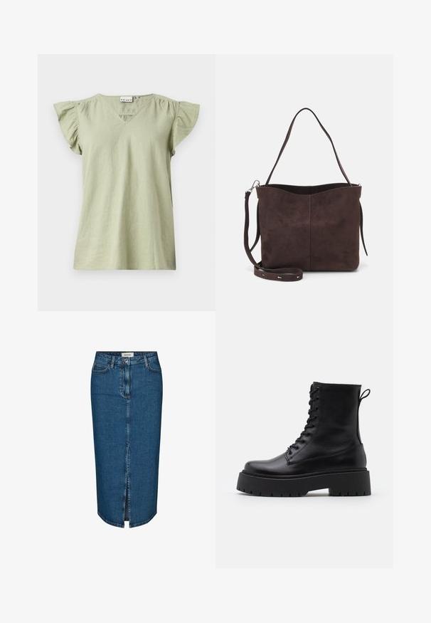 Blusa verde chiaro con scollo a V, maniche corte arricciate e vestibilità morbida. Realizzata in tessuto morbido con texture minima.; Gonna a tubino in denim blu scuro, con uno spacco frontale, cinque tasche e cuciture a contrasto. Vita medio-alta con un design classico.; Stivaletti in pelle nera alla caviglia con punta rotonda, lace-up frontale e suola in gomma spessa con battistrada textured. Tassello sul retro.; Borsa a spalla in suede marrone con una texture morbida, caratterizzata da una singola tracolla e un'apertura superiore leggermente curvata. Nessun dettaglio hardware visibile.
