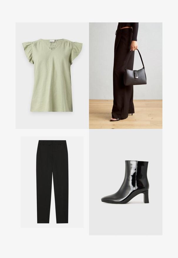 Gaiši zaļa īsām piedurknēm topiņš ar V veida izgriezumu, savāktām volānu piedurknēm un vaļēju piegriezumu. Izgatavots no mīksta, viegla auduma.; Melnas bikses ar pielāgotu dizainu, ar sānu kabatām un taisnu kāju. Izgatavotas no gluda, viegla auduma ar elegantu apdari.; Melnas patentētas ādas potīšu zābaki ar norādītu pirkstu un vidēja augstuma kvadrātveida papēdi. Gluda tekstūra un minimālisma dizains.; Melnā somiņa ar strukturētu formu, gludu tekstūru un metālu sprādzi. Saskaņota ar platām melnām biksēm un sandālēm ar atvērtu purngalu uz koka grīdas.