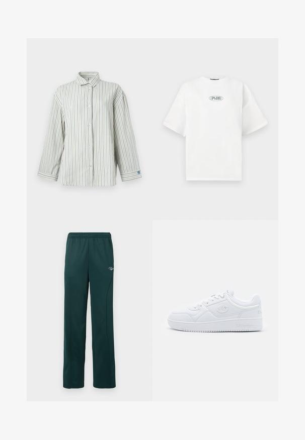 Vit skjorta med blå vertikala ränder, långa ärmar, klassisk krage och en liten hjärtdetalj på vänster manschett.; Vit kortärmad t-shirt i bomull, med en grafisk logotyp i grönt inom en oval form i mitten av bröstet.; Mörkgröna fleecebyxor i mjukt material, med elastiskt midjeband och sidopaneler, samt en liten logotyp framtill.; Vit sneaker gjord av slät syntetiskt material, med rund tå, platt sula och subtila logotypdetaljer på sidorna. Klassisk low-top design.