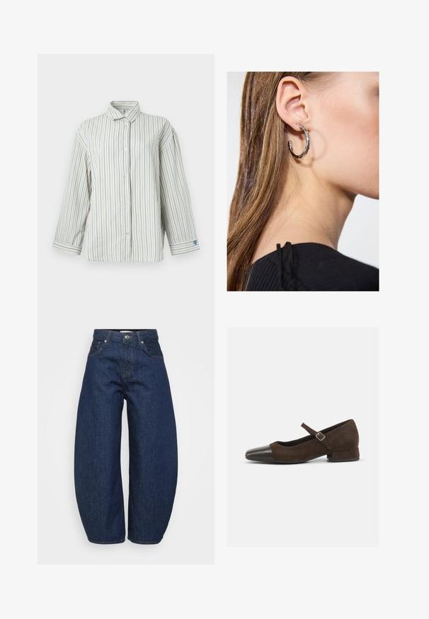 Balta mygtukų marškiniai su mėlynomis vertikaliomis juostelėmis, ilgos rankovės, klasikinis kalnierius ir mažas širdelės detalė ant kairiojo rankogaliaus.; Tamsiai mėlynos spalvos džinsai iš džinso audinio, platus, laisvas kirpimas. Yra užtrauktukas priekyje, keturios kišenės ir kontrastingos siūlės palei siūles.; Rudos zomšiniai Mary Jane bateliai su juodu patentuotų odos smailiu pirštu, reguliuojama juosta ir žemu blokuotu kulnu. Lygus paviršius su minimaliais akcentais.; Sidabrinė lankinė auskarai su poliruotu paviršiumi, turintys mažus auksinius akcentus ir apvalią formą, dėvimi ant ausies kaušelio.