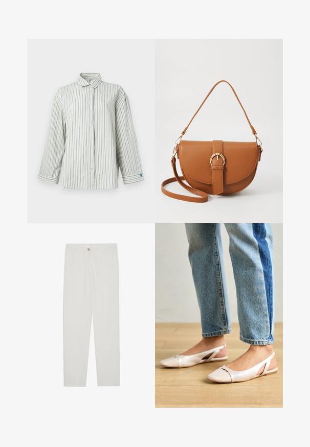 Bílá košile na knoflíky s modrými vertikálními pruhy, dlouhé rukávy, klasický límec a malý detail srdce na levém manžetu.; Bílé kalhoty na míru s rovnými nohavicemi, se zapínáním na knoflík, poutky na opasek a bočními kapsami; hladká struktura látky.; Světle růžové slingback baleríny s špičatou špičkou, vyrobené z hladkého koženému materiálu. Obsahují vystřihovací detaily po stranách a plochý podpatek.; Hnědá kožená křížová taška s zakřiveným tvarem, zlatými detaily a akcentem s přezkou. Obsahuje odnímatelný popruh na rameno.