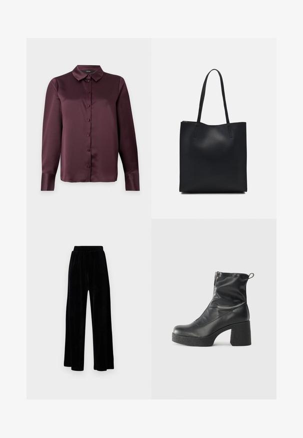 Burgunderfarget satin knapp-up skjorte med klassisk krage, lange ermer og en glatt tekstur. Har frontplacket med matchende knapper.; Sorte vide bukser laget av myk vernet, med elastisk midjebånd og en jevn tekstur, uten synlige detaljer eller mønstre.; Svarte ankelstøvler laget av glatt lær, med glidelås på siden, chunky strukturert hæl, og rund tå-design.; Svart lær tote bag med glatt tekstur, rektangulær form og to lange håndtak. Ingen synlige deler eller dekorasjoner.