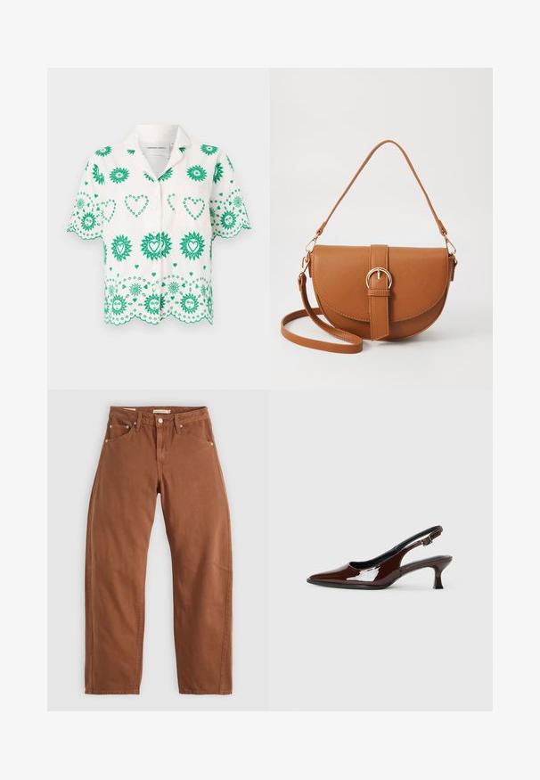 Short-sleeve shirt in white fabric, adorned with green sun and heart patterns, featuring a collar and small chest pocket.; Rust brown straight-leg jeans with front and back pockets, metal rivets, button closure, and belt loops, laid flat on a white background.; Brown patent leather slingback shoe with a pointed toe and a moderate heel. Features a buckle strap for secure fit. Smooth texture.; Brown leather crossbody bag with a curved shape, gold hardware, and a buckle accent. Features a detachable shoulder strap.