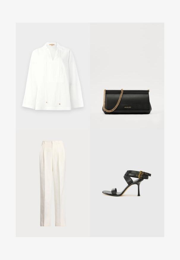 Blusa bianca in lino con scollatura a V, maniche lunghe e vestibilità ampia. Presenta lacci con piccoli dettagli metallici. Texture liscia.; Polo Ralph Lauren HEMP WIDE LEG PANT - Pantaloni - nevis; Sandal nero con tacco a spillo, straps incrociati e fibbia regolabile. Presenta una texture liscia e un tacco affusolato.; Clutch bag in pelle nera con tracolla in catena dorata, caratterizzato da una superficie liscia, forma rettangolare e branding in rilievo sul davanti.