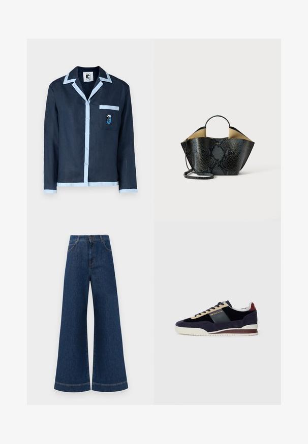 Navy linen shirt with light blue collar and pocket trim. Features a chest pocket with an embroidered design. Button closure down the front.; Wide-leg blue denim jeans with a high waist, featuring a button closure, belt loops, and subtle stitching details along the pockets and hems.; Navy suede sneakers with beige and dark blue accents. Features a white rubber sole and gold branding on the side. Classic athletic design.; Black and gray snakeskin pattern handbag with a structured design, dual handles, and an adjustable shoulder strap. Features a beige interior.