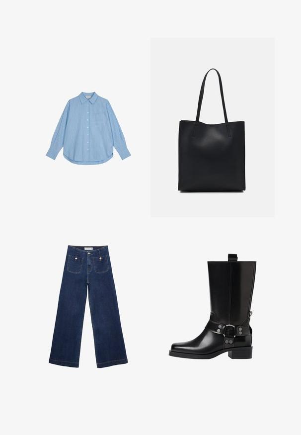 Světle modrá košile na knoflíky s bílými svislými pruhy, dlouhými rukávy, volným střihem a náprsní kapsou. Tkanina vypadá hladce a jemně.; Tmavě modré široké džíny z denimu, s dvěma předními kapsami se dekorativními knoflíky a rovně střiženým lemem.; Černá kožená vysoká bunda s špičatou špičkou, stříbrnými sponami a robustní podešví. Obsahuje poutko pro snadné obutí.; Černá kožená taška přes rameno s hladkým povrchem, obdélníkovým tvarem a dvěma dlouhými uchy. Žádné viditelné kování ani ozdoby.