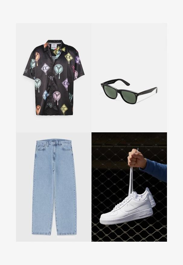 Kortärmad svart satinaskjorta med färgglada grafiska mönster, inklusive former och logotyper i pastellfärger. Knäppning framtill.; Vit bomullstopp med rund halsringning, breda axelremmar och rak nederkant, med en slät textur och utan synliga mönster.; Ljusblå denimjeans med rak bendesign, midjehög midja, fem fickor samt knapp- och dragkedjestängning.; Vita lädersneakers med perforeringar, rund tå, platt sula och tjocka snörning, med en synlig swoosh-logga och "AIR" på hälen.; Svarta plastsolglasögon med gröna linser, fyrkantiga bågar, silverdetalj på ögonbrynet och texturerade skalmar. Angiven märkning på den inre skalmen.