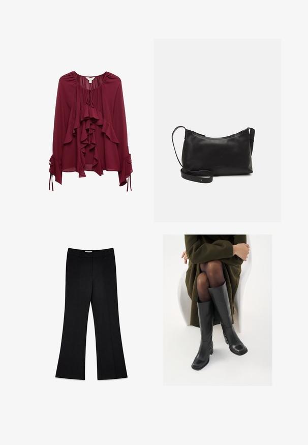 Bordeaux bluse med flæser ned foran, bindebånd ved halsen og lange ærmer med samlet stof og bånd ved manchetten. Glat tekstur.; Sorte buks med flair og en glat tekstur, to frontfolder og en medium-høj talje, designet til en skræddersyet pasform.; Knæhøje sorte læder støvler med firkantet tå og blokhæl, vist med en model siddende i en olivengrøn frakke. Glat tekstur, minimal detaljer.; Sort læder skuldertaske med en glat tekstur, buet form, justerbar rem og lynlås. Minimalistisk design uden udsmykninger.