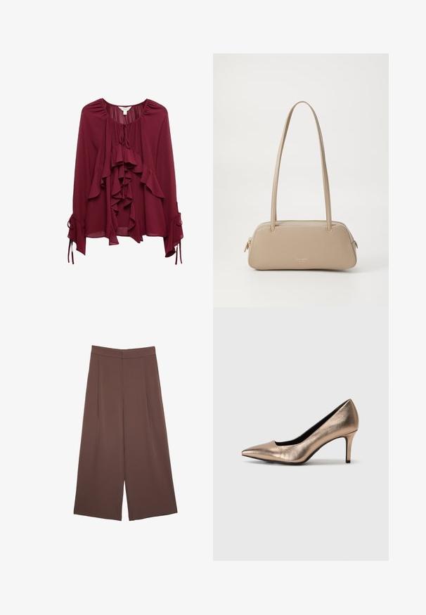 Bordeaux bluse med flæser ned foran, bindebånd ved halsen og lange ærmer med samlet stof og bånd ved manchetten. Glat tekstur.; Brune bredbunde bukser med en glat tekstur, der har høj talje og plisseringer foran. Stoffet er let og falder løst.; Bronze metalisk højhælet pumpe med spidse tæer og glat overflade, der har en strømlinet silhuet og en slank hæl.; Beige læderhåndtaske med en glat tekstur, rektangulær form, to håndtag og hardware i guld-tone. Har en lynlåslukning på den ene side.