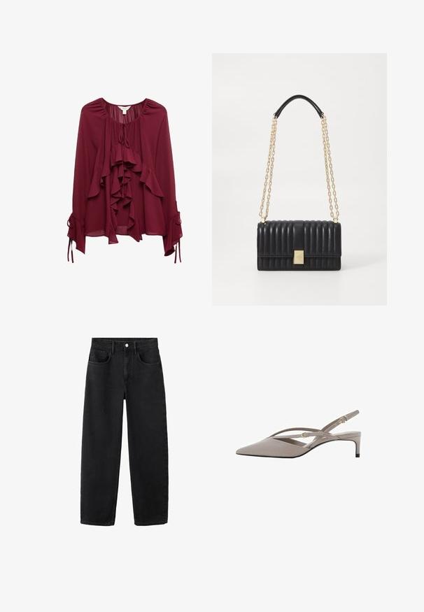 Bordó blůza s volánky na přední straně, zavazováním na krku a dlouhými rukávy se shlíženou tkaninou a šňůrkami na manžetách. Hladká textura.; Černé džíny z denimu se rovnými nohavicemi, které mají pět kapes, zapínání na knoflík a klasický design. Měkká textura s čistým zpracováním.; Beige lodičky na podpatku s špičatou špičkou, tenkými kříženými pásky a krátkým jehlovým podpatkem. Hladká tkanina s pozlacenými kovovými detaily.; Černá prošívaná kožená kabelka se zlatým řetízkovým popruhem a zlatým kováním na klopu. Obdélníkový tvar s texturovaným povrchem.