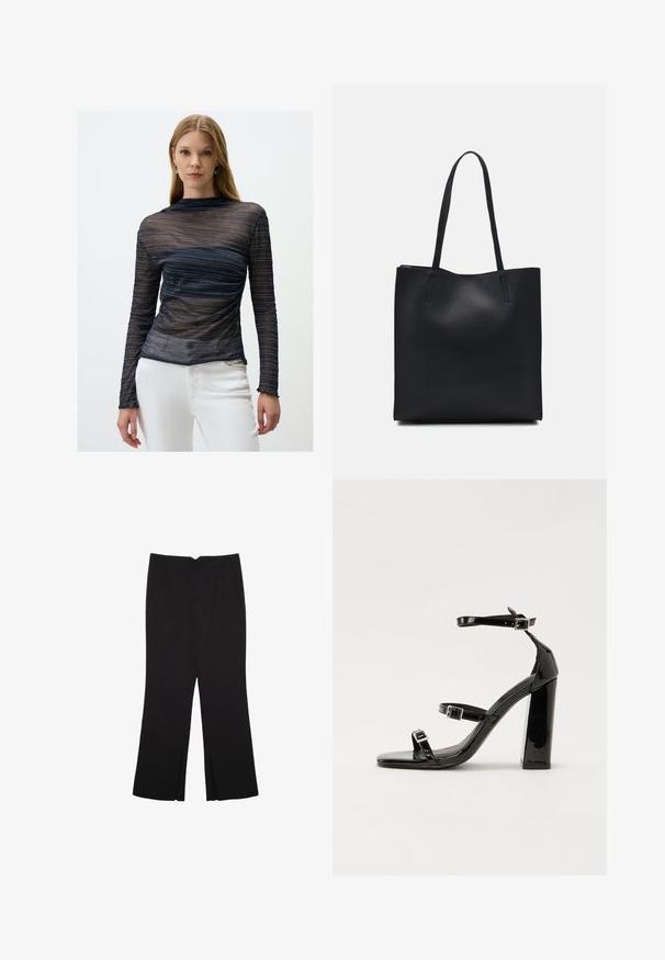 Marineblaues Langarmoberteil aus durchsichtigem Stoff mit metallisch silbernen Streifen, figurbetontem Design und gewellten Manschetten. Überweißen Hosen getragen.; Schwarze Hose mit geradem Schnitt, ausgestattet mit Fronttaschen und Seitenschlitzen am Saum. Hergestellt aus weichem, glattem Stoff. Geeignet für verschiedene Anlässe.; Schwarze patentierte Sandalen mit Absatz, quadratischer Spitze, Knöchelriemen und silbernen Schnallen. Mit einem stabilen Blockabsatz für mehr Stabilität.; Schwarze Laptoptasche aus Leder mit glatter Textur, rechteckiger Form und zwei langen Griffen. Keine sichtbaren Beschläge oder Verzierungen.