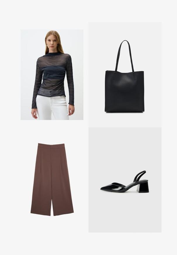 Marineblaues Langarmoberteil aus durchsichtigem Stoff mit metallisch silbernen Streifen, figurbetontem Design und gewellten Manschetten. Überweißen Hosen getragen.; Braune Weite-Leg-Hosen mit einer glatten Textur, hoher Taille und Vorderfalten. Der Stoff ist leicht und fällt locker.; Schwarze Lackleder-Slingback-High Heels mit spitzem Schuh und einem geometrischen Blockabsatz. Verfügt über ein schlankes, minimalistisches Design und eine glatte Textur.; Schwarze Laptoptasche aus Leder mit glatter Textur, rechteckiger Form und zwei langen Griffen. Keine sichtbaren Beschläge oder Verzierungen.