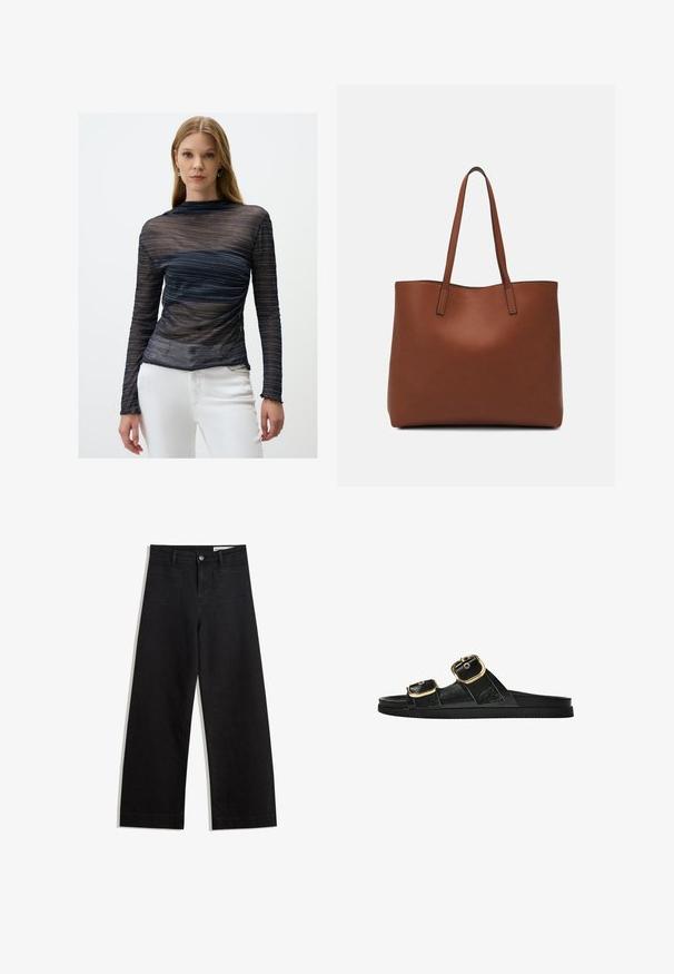 Marineblaues Langarmoberteil aus durchsichtigem Stoff mit metallisch silbernen Streifen, figurbetontem Design und gewellten Manschetten. Überweißen Hosen getragen.; Schwarze weit geschnittene Jeans mit hoher Taille, ausgestattet mit Vorder- und Hintertaschen, gesteppten Nähten und einem Knopfverschluss. Glatte Textur.; Schwarze Riemensandale mit zwei goldenen Schnallendetails, glattem Material, flachem Sohlen und minimalistischer Gestaltung.; Braune Leder-Tote mit glatter Textur, offenem Oberteil und zwei Schulterriemen. Verfügt über minimale Nähte und keine sichtbaren Beschläge.