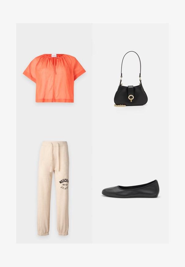 Lyhythihainen, cropped-paita kirkkaan oranssina, valmistettu kevyestä kankaasta. Ominaisuuksiin kuuluu pyöreä kaula-aukko, jossa on kerätty yksityiskohta, sekä edessä solmittava suljenta.; Beiget juoksuhousut pehmeästä kankaasta, joissa on joustava vyötärö kiristysnauhalla ja musta logopainatus vasemmassa lahkeessa.; Musta nahkainen ballerina, jossa on pyöristetty kärki, sileä pinta, minimaalinen ommelkoristelu ja joustava pohjamuotoilu.; sandro JANET - Käsilaukku - noir