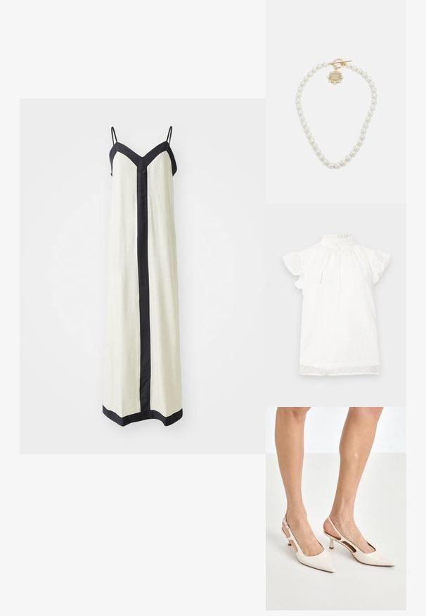 Valge lühikese varrukaga topp, millel on kogutud kõrge kaelus ja sidumise detail. Toode sisaldab tekstuurset kangast väikeste täppidega ning volangvarrukaid.; Kreemivärvi sans-sleeve maxi kleit, millel on sügav V-kaelus ja must ääris servadel ja ees. Valmistatud kerge kangaga.; Beesek patentnaha slingback kontsad 5 cm kontsaga, millel on terav nina ja lõigatud külgedega ning õhuke pahkluu rihm.; Valge lilleline käekott, millel on volditud kangapind, kuldne ahelakott ja metallist klamber. Omab tekstureeritud kroonlehti, mis lisab detailidele sügavust.; Lauren Ralph Lauren COLLAR - Kaelakee - gold-coloured/white