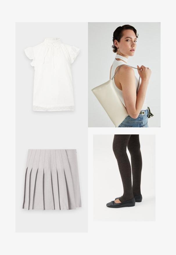 Biały top z krótkim rękawem, posiadający wizytowy wykończenie przy wysokiej szyi oraz detale w postaci wiązania. Charakteryzuje się teksturowanym materiałem z małymi kropkami oraz falbaniastymi rękawami.; Szara plisowana spódnica o gładkiej fakturze, z licznymi pionowymi fałdami i dopasowaną talią. Wykonana z lekkiego materiału.; Czarne płaskie buty z małym kokardkowym detalem na palcach, zestawione z ciemnobrązowymi rajstopami w prążki. Buty mają gładką teksturę i niski profil.; Biała prostokątna kopertówka wykonana z błyszczącego materiału, z srebrnym łańcuszkiem. Modelka pozuje, prezentując torebkę na jednolitym tle.