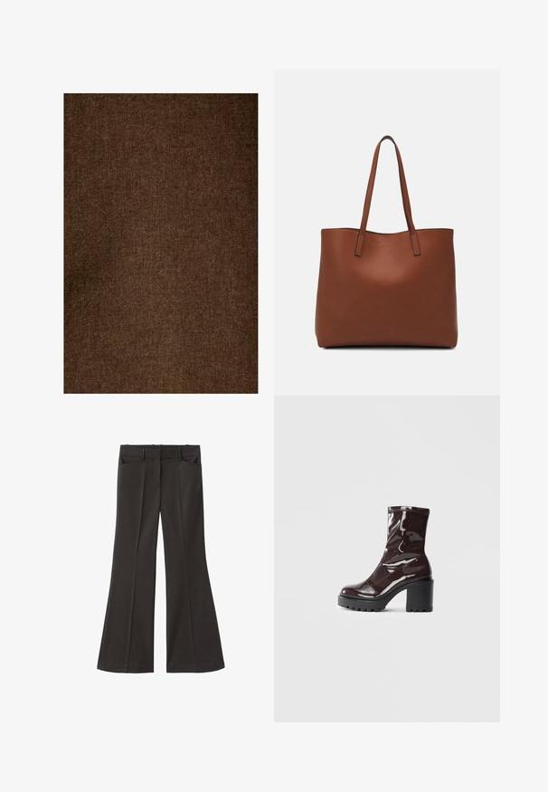 Brun hørstof med en blød, struktureret overflade, der har et ensartet mønster og dæmpet tone, velegnet til forskellige tekstilapplikationer.; Sorte flagrende bukser med høj talje; har to forlommer og en glat stofstruktur. Egnet til forskellige anledninger.; Glatte burgunder ankelstøvler med en chunky sort hæl, der har en glat tekstur og et simpelt design. Ingen synlige lukninger eller mønstre.; Brun læder tote taske med en glat overflade, åben topdesign og to skulderremme. Har minimal syning og ingen synlig hardware.