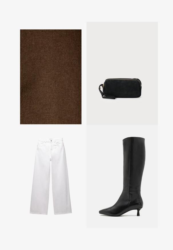 Brun hørstof med en blød, struktureret overflade, der har et ensartet mønster og dæmpet tone, velegnet til forskellige tekstilapplikationer.; Hvide brede ben jeans lavet af denim. Har knaplukning, front- og baglommer samt syede sømme. Glat tekstur med minimal detaljering.; Zign Høje støvler/ Støvler - black; Sort ruskinds clutchtaske med lynlås og aftagelig håndledsrem. Har guldfarvet hardware og en glat, mat tekstur.