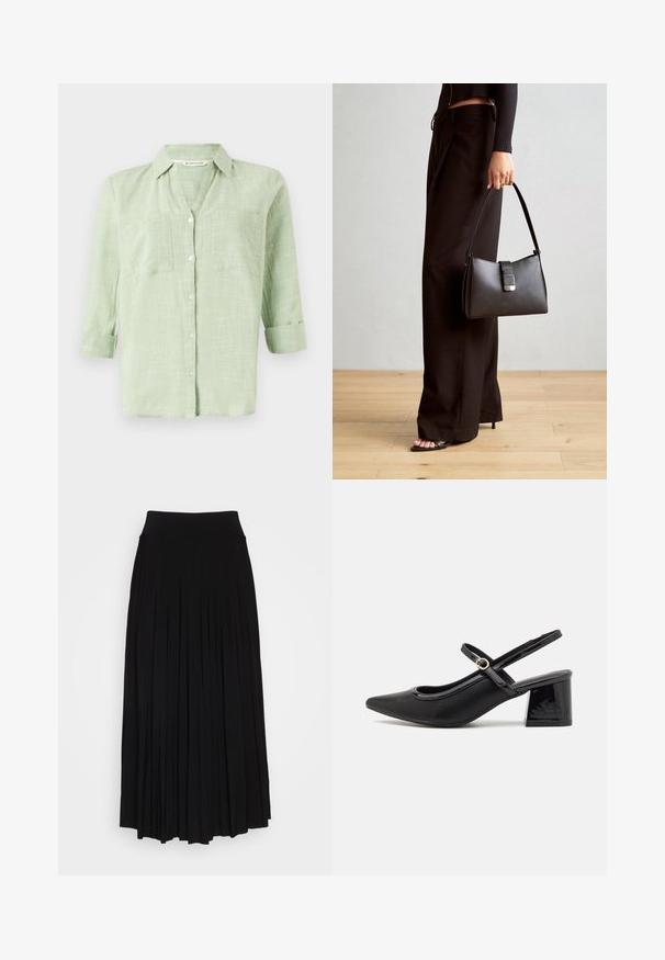 Light green button-up shirt with a textured check pattern, roll-up sleeves, and two chest pockets. Made from a soft, breathable fabric.; Black pleated skirt with a high, stretchy waistband. Made from soft fabric, featuring vertical pleats for a flowing silhouette.; Black patent leather slingback heels with a pointed toe, a rounded cutout design, and a block heel. Features a gold-tone buckle accent.; Black handbag with structured shape, smooth texture, and a metallic clasp. Paired with wide black pants and open-toe sandals on wooden floor.