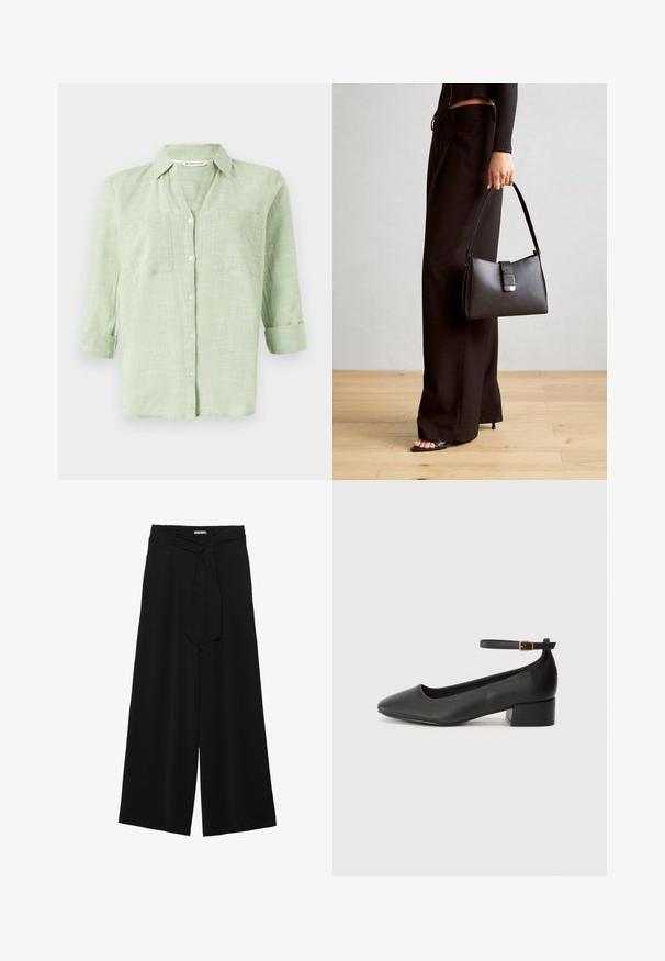 Camisa de botones verde claro con un patrón de cuadros texturizado, mangas enrollables y dos bolsillos en el pecho. Hecha de una tela suave y transpirable.; Pantalones de pierna ancha negros con un tejido texturizado, una cinturilla elástica y un lazo desmontable en la cintura para un ajuste ajustable.; Zapato de tacón negro de cuero con punta afilada y tacón bajo cuadrado. Presenta una correa para el tobillo con una hebilla en tono dorado. Textura suave.; Bolso negro con forma estructurada, textura suave y un cierre metálico. Combinado con pantalones anchos negros y sandalias de dedo en un suelo de madera.