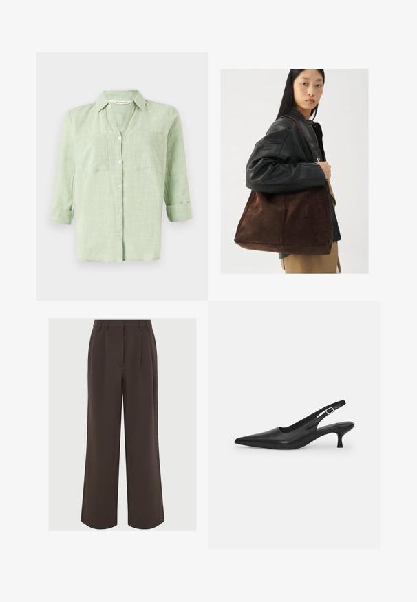 Svijetlozeleni kravata košulja s teksturiranim kariranim uzorkom, rukavima koji se mogu podići i dva džepa na prsima. Napravljena od mekog, prozračnog materijala.; Rjave široke hlače iz gladkega blaga. Imajo plise na sprednji strani in krojeni pas z zankami za pas za prilagoditev.; Črne usnjene sandale z odprtim peto in konično oblikovanim prstom ter ozkim, ukrivljenim petnim delom. Imajo diskretno nastavljivo zaponko z kovinsko sponko.; Rjava semiš torba oblikovana širše in z mehkimi površinami, opremljena z enim ročajem in minimalnim okrasjem na nevtralnem ozadju.
