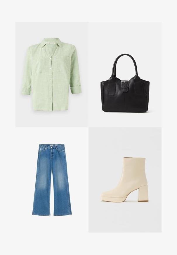 Light green button-up shirt with a textured check pattern, roll-up sleeves, and two chest pockets. Made from a soft, breathable fabric.; Light blue wide-leg jeans made of denim, featuring a high waist, front pockets, and a slightly faded finish. Classic five-pocket design.; Beige leather ankle boot with block heel and platform sole, smooth finish, and slightly squared toe facing left on white background.; Black leather tote bag with smooth texture, structured shape, two handles, and a prominent silver buckle detail on the front.