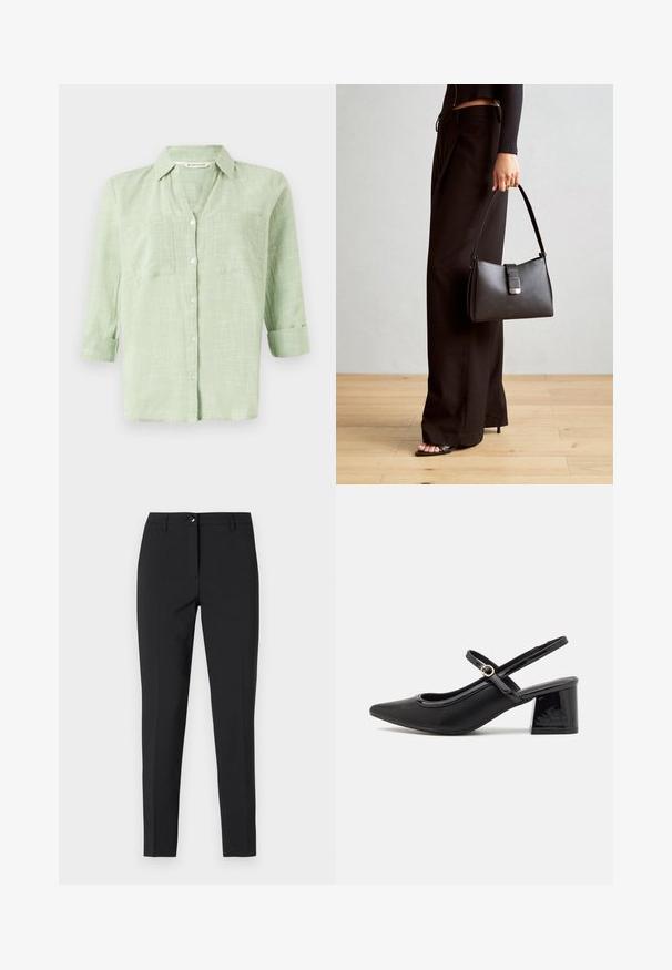 Lys grøn skjorte med knaplukning, med et struktureret ternet mønster, oprullede ærmer og to brystlommer. Lavet af et blødt, åndbart stof.; Sorte figursyede bukser i glat stof med en klassisk talje, lynlås i fronten og sidelommer samt et elegant, skræddersyet design.; Sorte patentlæder slingback hæle med spids tå, rund udskæring og blokhæl. Har en guldtonet spændeaccents.; Sort håndtaske med struktureret form, glat overflade og metalspænde. Sammen med brede sorte bukser og sandaler med åben tå på trægulv.