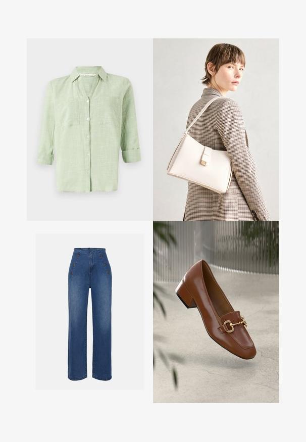 Lichtgroen overhemd met knopen en een gestructureerd ruitpatroon, met opgerolde mouwen en twee borstzakken. Gemaakt van een zachte, ademende stof.; Hoge taille denim jeans in medium blauw. Bevat knopen aan de voorkant en een wijde pijpontwerp. De stof heeft een gladde textuur met een lichte vervaging.; Bruine lakleren loafer met vierkante neus, metallic kettingaccent en lage blokhak; gladde textuur, minimalistisch ontwerp.; Witte leren handtas met een gestructureerd ontwerp, voorzien van een magneetsluiting en een schouderriem, tentoongesteld tegen een neutrale achtergrond.