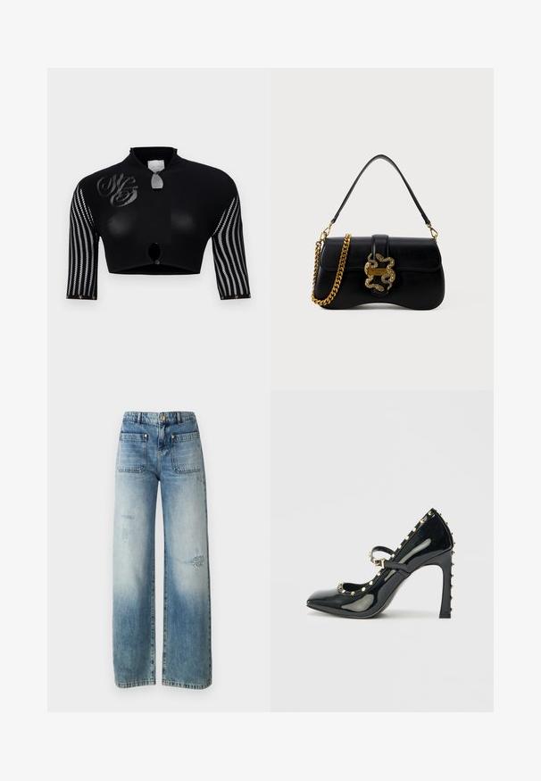 Černý zkrácený top s vysokým límcem, s síťovanými rukávy s vertikálními pruhy, centrálním zapínáním na knoflík a dekorativním logem.; Svetle modré džínové kalhoty s širokými nohavicemi, s výrazným poškozením a třepícími se detaily. Dvě přední kapsy a zapínání na knoflík v pase.; Černá lakovaná vysoká bota na podpatku s špičatou špičkou, řemínkem kolem kotníku a zlatými cvočky podél okrajů.; Černá kožená kabelka s zakřiveným tvarem, zlatým hadím akcentem a řetízkovým ramínkem. Obsahuje klopový uzávěr s kovovou destičkou s logem.