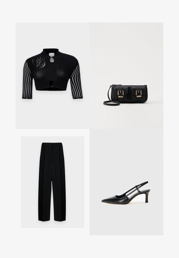 Černý zkrácený top s vysokým límcem, s síťovanými rukávy s vertikálními pruhy, centrálním zapínáním na knoflík a dekorativním logem.; Černé široké kalhoty s vysokým pasem, které mají sklady a hladký povrch. Tkanina vypadá lehce a krásně se splétá.; Černé lakované slingback podpatky s špičatou špičkou, zdobené texturovaným hadím vzorem, nastavovacím páskem a krátkým texturovaným blokovým podpatkem.; Černá kožená crossbody taška se dvěma předními kapsami, zlatými přezkami, zipovým uzávěrem a štíhlým popruhem. Texturovaný povrch a kompaktní obdélníkový tvar.