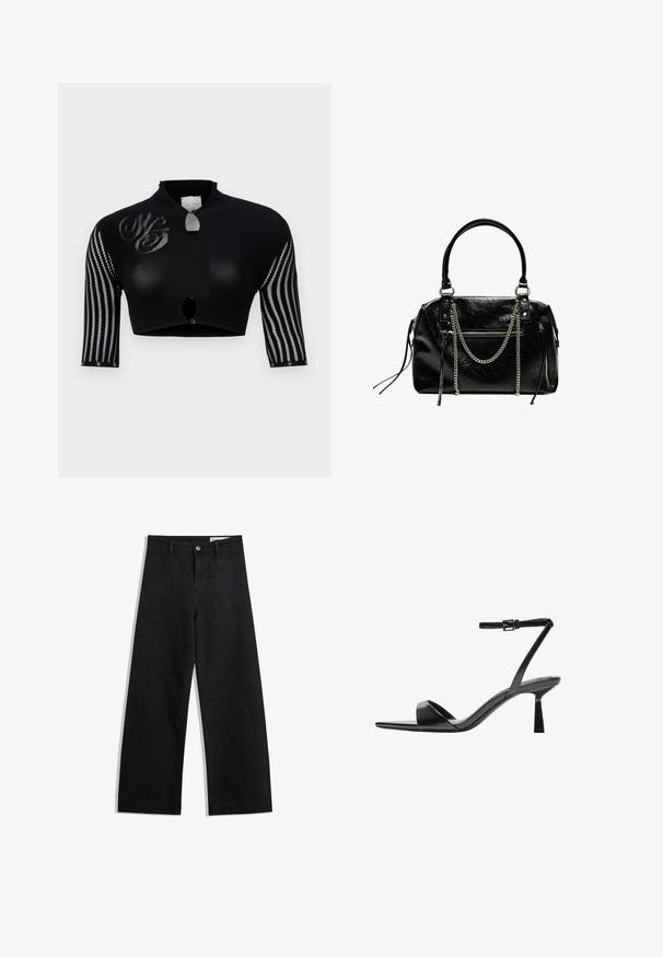Schwarzes, kurzes Oberteil mit hohem Kragen, das über Netzärmel mit vertikalen Streifen verfügt, einen zentralen Knopfverschluss hat und dekorative Logodetails aufweist.; Schwarze weit geschnittene Jeans mit hoher Taille, ausgestattet mit Vorder- und Hintertaschen, gesteppten Nähten und einem Knopfverschluss. Glatte Textur.; Bershka High Heel Sandalette - black; Bershka WITH CHAIN - Handtasche - black