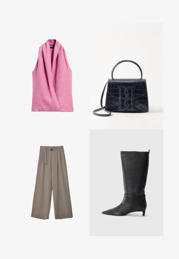 Massimo Dutti CROSSOVER HALTER NECK - Camicetta - pink; Pantaloni a gamba larga in un morbido tessuto grigio tenue, con vita con cintura e pieghe per un tocco di design aggiuntivo. Texture liscia, senza motivi.; Stivale in pelle nera alta fino al ginocchio con punta affusolata, adornato da una fascia circolare attorno alla caviglia e un tacco basso e conico. Texture liscia.; Borsa in pelle nera con incisione a forma di coccodrillo, dal design strutturato, dotata di manico superiore, tracolla regolabile e un evidente dettaglio logo frontale.
