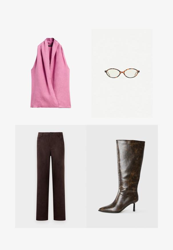 Massimo Dutti CROSSOVER HALTER NECK - Blouse - pink; Straight-leg dark brown suede pants with front button and zip closure, belt loops, and side pockets.; Brown distressed leather knee-high boot with pointed toe and thin stiletto heel on a white background.; Tortoiseshell eyeglasses with oval lenses and a sleek, smooth finish. Features thin sides with a subtle curve at the temples. Clear lenses.; Woven beige leather bag with a single shoulder strap, featuring a rectangular shape and textured surface. Adjustable strap hardware included.