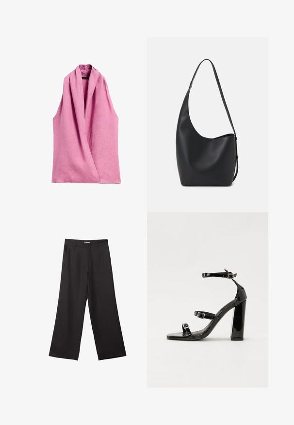 Massimo Dutti CROSSOVER HALTER NECK - Blůza - pink; Černé široké kalhoty vyrobené z hladké tkaniny, s předním zipem a dvěma bočními kapsami, s dobře padnoucím střihem a minimalistickým designem.; Černé lakované sandály na podpatku se čtveratou špičkou, lýtkovými pásky a stříbrnými přezkami. Disponují masivním blokovým podpatkem pro stabilitu.; Černá kožená hobo taška s hladkým povrchem, zakřiveným tvarem a jedním nastavitelným popruhem; má široké otevírání nahoře.
