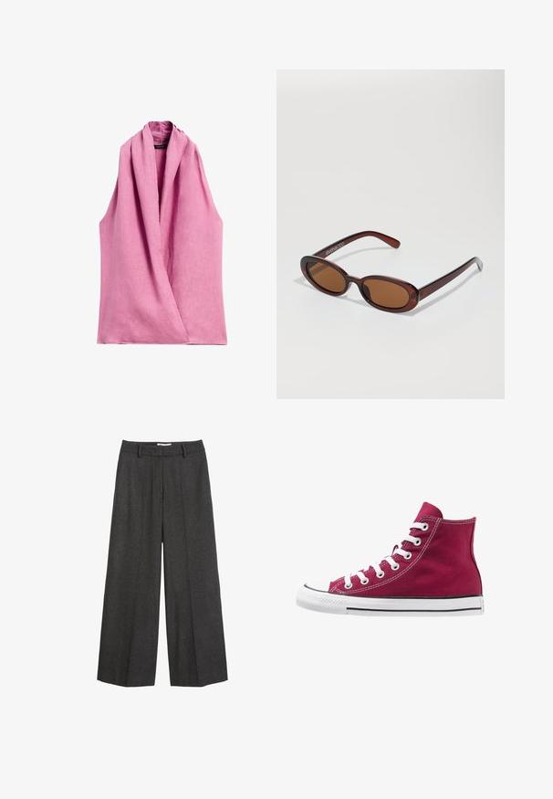 Massimo Dutti CROSSOVER HALTER NECK - Bluse - pink; Bredde bukser i mørkegrå stof. Har en skræddersyet talje med bæltesløjfer, glat tekstur og minimale syninger som detaljer.; Høje sneakers lavet af burgunderrød kanvas med hvide snørebånd, gummitåhætte og sort stribe langs sålen. Struktureret syning fremhæver designet.; Runde, bruntonede solbriller med en glansfuld bordeauxramme. Slanke arme med diskret brandingdetalje. Flad linsedesign.; Vævet bordeaux håndtaske med en rund form og et enkelt håndtag, der har en struktureret overflade og en elastisk snorelukning.