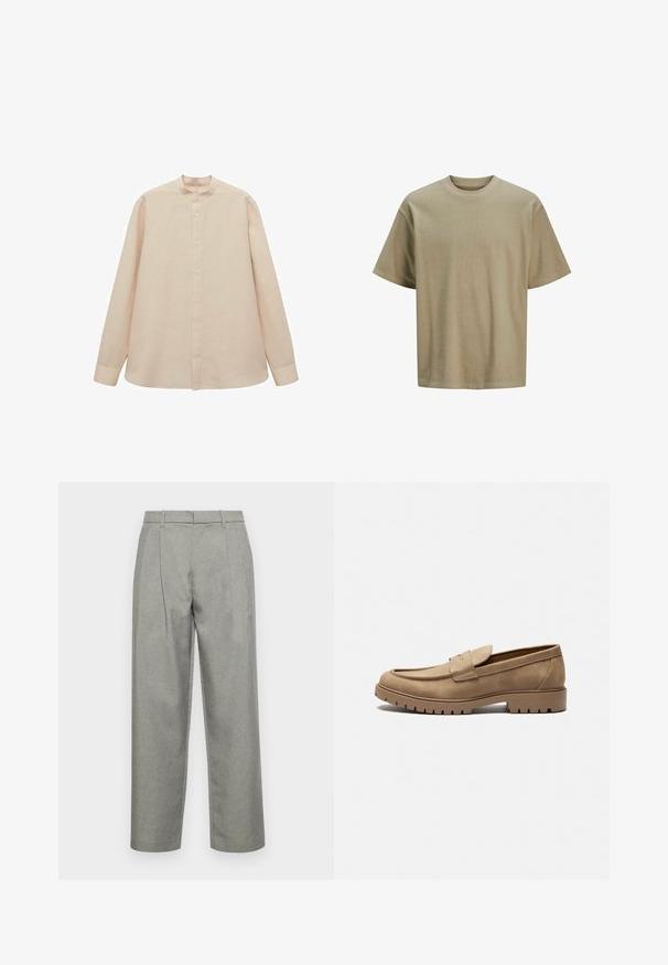 Lys beige langærmet skjorte med bandkrave, knaplukning foran og lige snit. Blød stofstruktur, afslappet pasform og uden synlige mønstre.; Kaki kortærmet t-shirt lavet af bomuld. Har en ribbet rundhals og en lige kant med en afslappet pasform. Glat tekstur.; Grå skræddersyede bukser lavet af struktureret stof, med lige ben-design, frontfolder og en standard talje med bæltesløjfer.; Tan mockasiner i ruskind med rund tå, flad gummisål og dekorative syninger på overdelen. Har et slip-on design uden snørebånd.