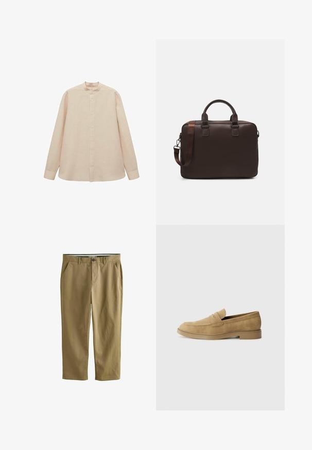 Vaaleanbeige pitkähihainen paita, jossa on bändikaulus, nappikiinnitys edessä ja suora leikkaus. Pehmeä kangas, rento malli ja ei näkyviä kuvioita.; Khaki chinot, joka on valmistettu puuvillasekoitteesta. Niissä on kaksi sivutaskua, nappikiinnitys, suorat lahkeet ja sileä pinta.; Sandaalit nahasta vaaleanruskeat, pyöreällä kärjellä, matalalla lohkokannan ja yläosan brodeerausvoitolla. Sileä pinta ja minimalistinen muotoilu.; Ruskea nahkainen kannettavan tietokoneen laukku, jossa on teksturoidun pinnan, kaksoiskahvat, säädettävä olkahihna ja kaksi etubukletta lisäämään yksityiskohtia.