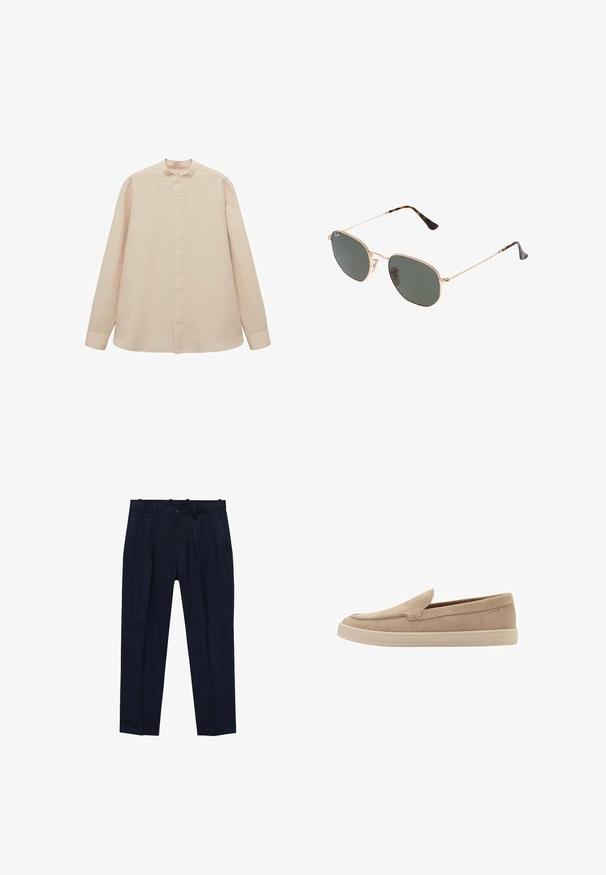 Licht beige langslievende blouse met een bandkraag, knoopsluiting aan de voorkant en rechte snit. Zachte stoftextuur, comfortabele pasvorm en geen zichtbare patronen.; Maritieme broek van gladde stof, met een iets getailleerde pasvorm, voorplooien, riemlussen en een enkel knoopsluiting.; Beige nubuck instapper met een ronde neus en gestikte details. Lichtgekleurde rubberen zool met een laag profiel.; Gouden metalen zonnebril met donkergroene lenzen, aviator-stijl, met slanke scharnieren en schildpad-accenten op de uiteinden.