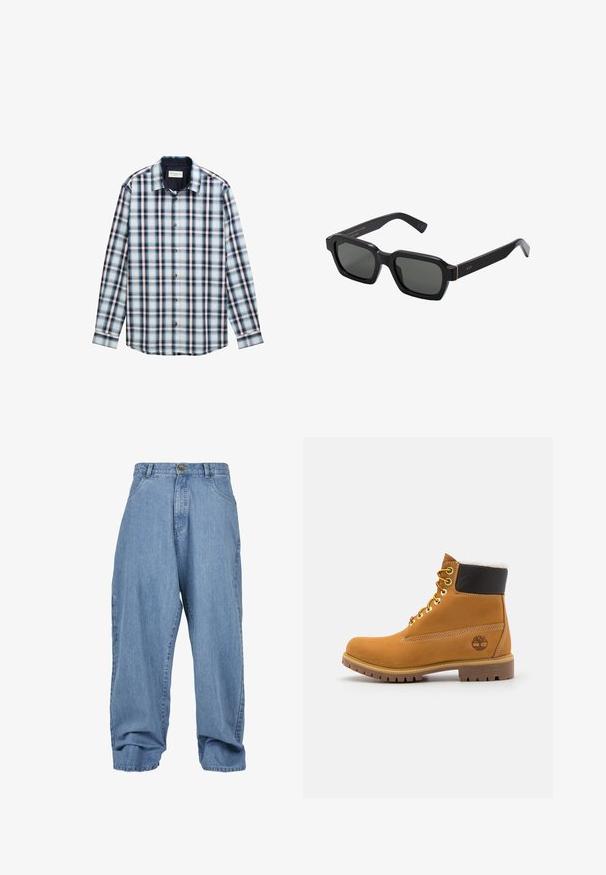 Košela s dlhým rukávom, vzorovaná kockami v modrej, bielej a burgundskej farbe. Vyrobená z ľahkej tkaniny, s golierom na gombíky a prednými gombíkmi.; Biela polo tričko vyrobené z bavlny. Obsahuje klasický golier, trojité zapínanie na gombíky a krátke rukávy. Na hrudi je subtilné logo vyšívané.; Svetlomodré džínsové nohavice s voľným strihom, zapínaním na gombík, prednými vreckami a manžetou, so klasickým päťvreckovým dizajnom.; Hnedé kožené ankle boot s kovovými očkami, bielym kožúškom vo vnútri, čiernym vypolstrovaným golierom, robustnou podrážkou a vyrazeným logom na boku.; Čierne, štvorcové slnečné okuliare so sivými sklami. Hrubé plastové rámy majú zlaté akcenty a branding na spánku. Hladký povrch.
