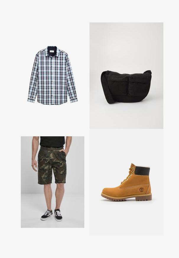 Koszula w kratę z długim rękawem, w kolorach niebieskim, białym i burgundowym. Wykonana z lekkiego materiału, z kołnierzykiem zapinanym na guziki i z guzikami z przodu.; Szorty cargo w kamuflażu z kieszeniami cargo, wykonane z tkaniny plecionej w odcieniach zieleni i brązu. W zestawie z czarnymi sneakersami z białymi sznurowadłami.; Brązowy skórzany but za kostkę z metalowymi oczkami, białym futerkiem w środku, czarnym wyściółką, solidną podeszwą i wytłoczonym logo po boku.; Czarny torba na ramię z kordurowego materiału z regulowanym paskiem, z przednimi kieszeniami i miękką teksturą. Kompaktowy design z minimalnymi detalami.