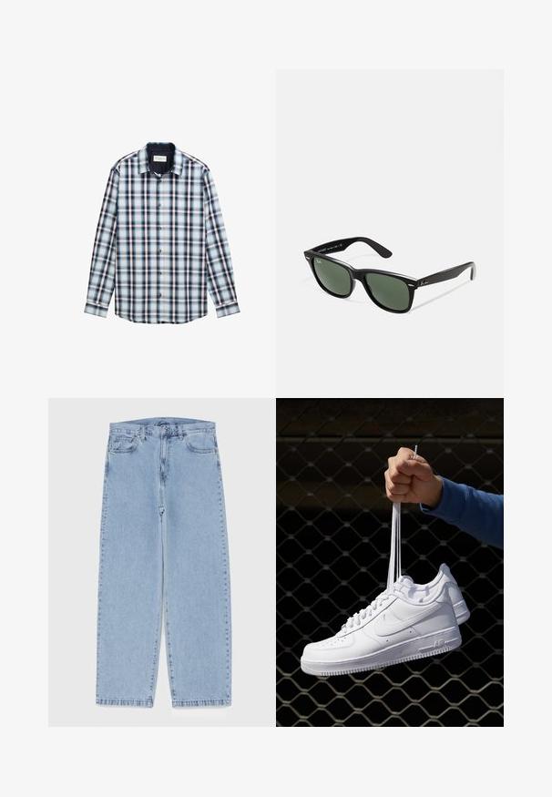 Ilga rankovėmis švarkelis su plaid raštu, sudarytas iš mėlynos, baltos ir burgundinės spalvų. Pagamintas iš lengvos medžiagos su mygtukų apykakle ir priekiniais mygtukais.; Šviesiai mėlyni džinsai su tiesiomis kojomis, turintys vidutinio aukščio juosmenį, penkias kišenes ir mygtuko bei užtrauktuko uždarymą.; Balti odiniai sportiniai bateliai su perforacijomis, apvalia nosimi, plokščiu padu ir storomis raištelėmis, su matomu swoosh logotipu ir "AIR" ant kulno.; Juodi plastikiniai saulės akiniai su žaliais objektyvais, kvadratiniais rėmeliais, sidabriniu akcentu ant antakio ir tekstūruotais šventyklų šakutėmis. Vidinėje šakutėje nurodyta prekės ženklo pavadinimas.