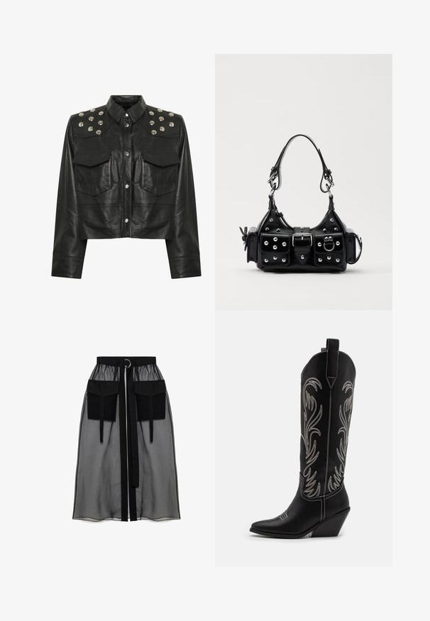 Juoda odinė trumpa striukė su sidabriniais kaiščiais ant pečių, dviem priekinėmis kišenėmis ir klasikinio kirpimo apykakle. Lygus paviršius.; Juoda permatoma sijonas su surinkta liemene, dviem didelėm priekinėm kišenėm, liemens raišteliu ir apvaliu metaliniu akcentu.; Juodi oda kaubojiški batai su smailiu nosiu, stulpeliu ir sidabriniais siuvinėti gėlių raštais palei šoną. Kontrastingas siuvinėjimas visoje bato dalyje.; Juodas odinis rankinukas su kreiviu dizainu, su sidabro spalvos knopkėmis, užsegimu ir dviem šoninėmis kišenėmis. Reguliuojama dirželis nešimui.