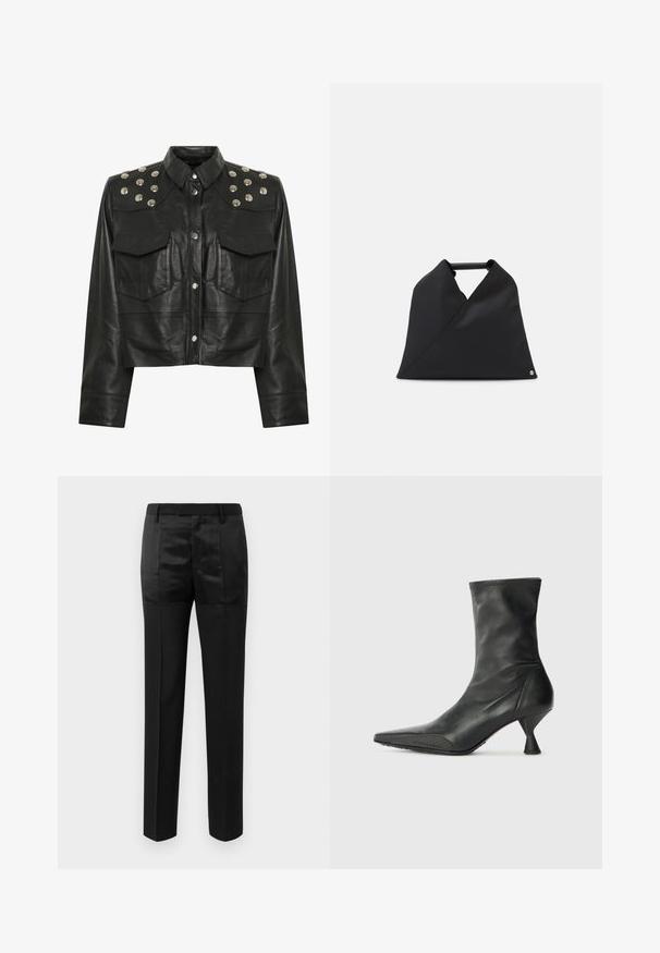 Melnas ādas saīsināta jaka ar sudraba tapām uz pleciem, divām priekšējām kabatām un klasisku apkakli. Gluda tekstūra.; Melni pielāgoti bikses ar taisnām kājām un jostu ar cilpiņām, kas ietver matētu un spīdīgu audumu paneļus.; Melnas ādas potīšu zābaki ar šauru pirkstu, teksturētu pirksta aizsargu un šauru, konusveida papēdi. Gluda virsma ar smalkiem dūriena elementiem.; Melnas ādas soma ar asimetrisku dizainu un teksturētu virsmu. Tai ir vienkārša rokturis un izsmalcināts logo akcentējums.