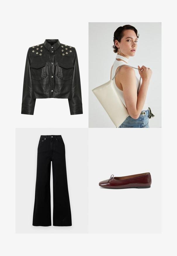 Mustat nahkainen lyhyt takki, jossa on hopeisia nappeja hartioilla, kaksi etutaskua ja klassinen kaulus. Sileä pintakuvio.; Musta leveälahkeiset farkut, valmistettu denimistä, joissa on korkeavyötärö, viisi taskua, edessä nappikiinnitys ja vähäiset ompeludetaljit.; Burgundin värinen lakattu nahkainen ballerinatossu pyöreällä varvaskärjellä, pienen nauhan yksityiskohdalla edessä ja matalalla mustalla kumipohjalla. Sujuva pinta.; Valkoinen suorakulmainen clutch-laukku, joka on valmistettu kiiltävästä materiaalista ja jossa on hopeinen ketjuolkahihna. Malli poseeraa laukku käsivarsillaan yksinkertaista taustaa vasten.