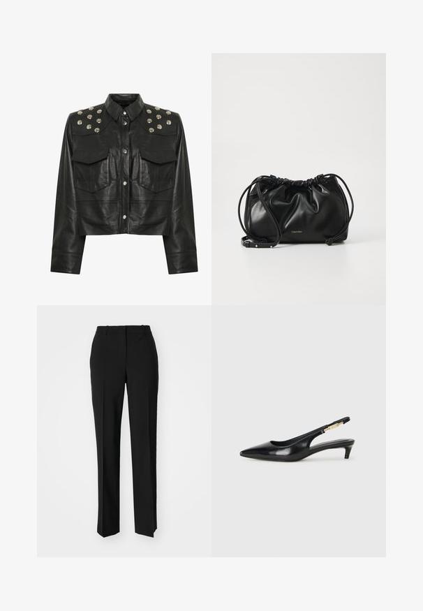 Black leather cropped jacket with silver studs on the shoulders, two front pockets, and a classic collar. Smooth texture finish.; Black tailored trousers with a straight-leg design, featuring a smooth texture and crisp creases along the front. No visible hardware.; Black leather slingback heels with a pointed toe, featuring a slim heel and a gold-tone accent on the adjustable strap. Smooth texture.; Black leather handbag with gathered design, dual drawstring closure, and detachable shoulder strap. Features metallic logo detail.