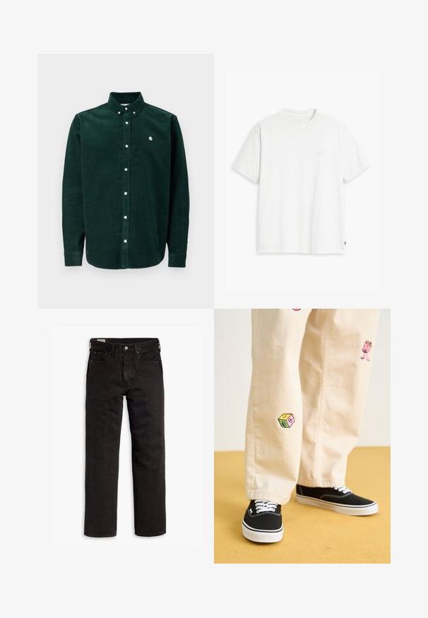 Tamsiai žalia velveto marškiniai mygtukais su apykakle, baltais mygtukais ir mažu siuvinėjimu kairėje krūtinės pusėje. Įprastas fasonas.; Balta medvilninė marškinė su trumpomis rankovėmis, apvaliu kaklu ir subtiliu Levi's logotipu viduryje. Minkšta tekstūra ir standartinė išvaizda.; Juodos tiesios kojų džinsinės kelnės su penkiomis kišenėmis, mygtuko užsegimu ir diržo kilpomis, išdėstytos plokščiai ant balto fono.; Bežinės medvilninės kelnės su žaismingais siuvinėjimais, įskaitant rožinį personažą ir spalvotą bloką, derinamos su juodais bateliais su raišteliais.